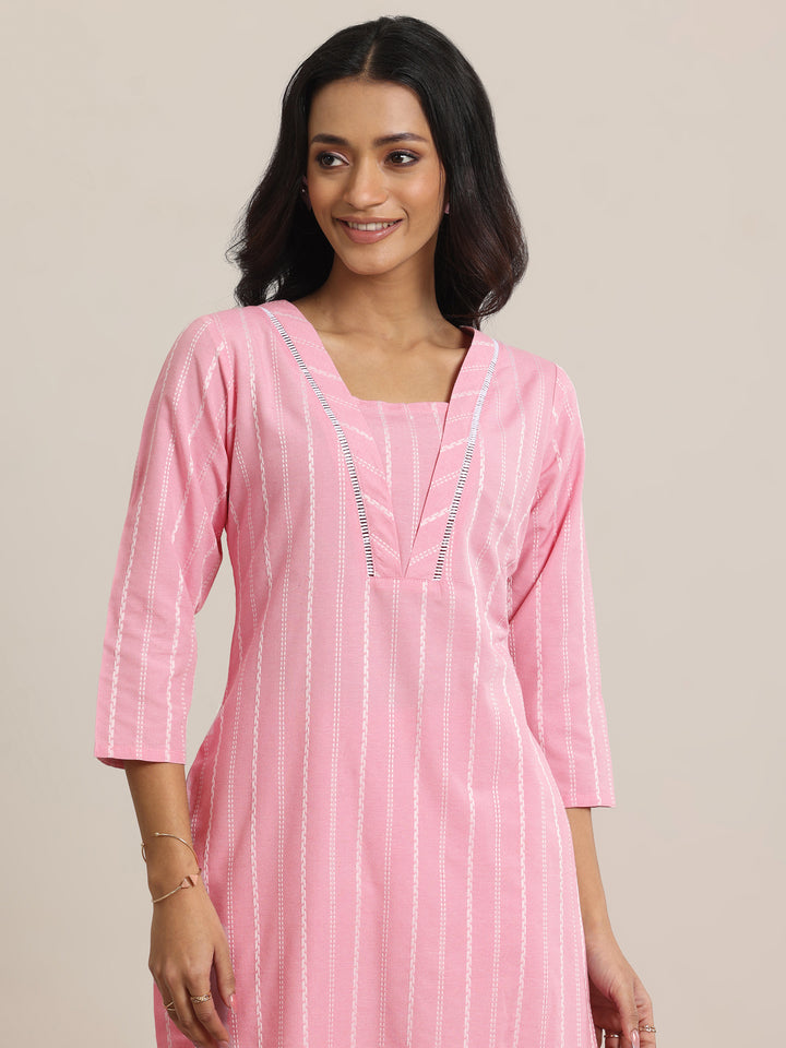 Pink Woven Design Cotton Blend Straight  Suits With Dupatta