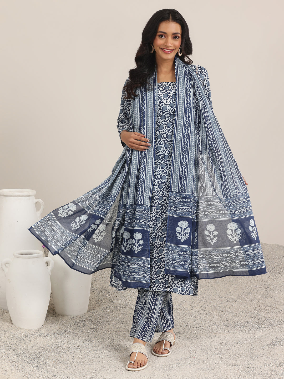 Blue Printed Cotton Straight Suit Set With Dupatta