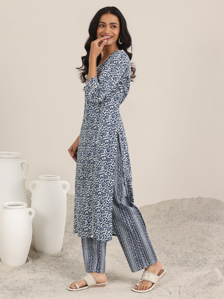 Blue Printed Cotton Straight Suit Set With Dupatta