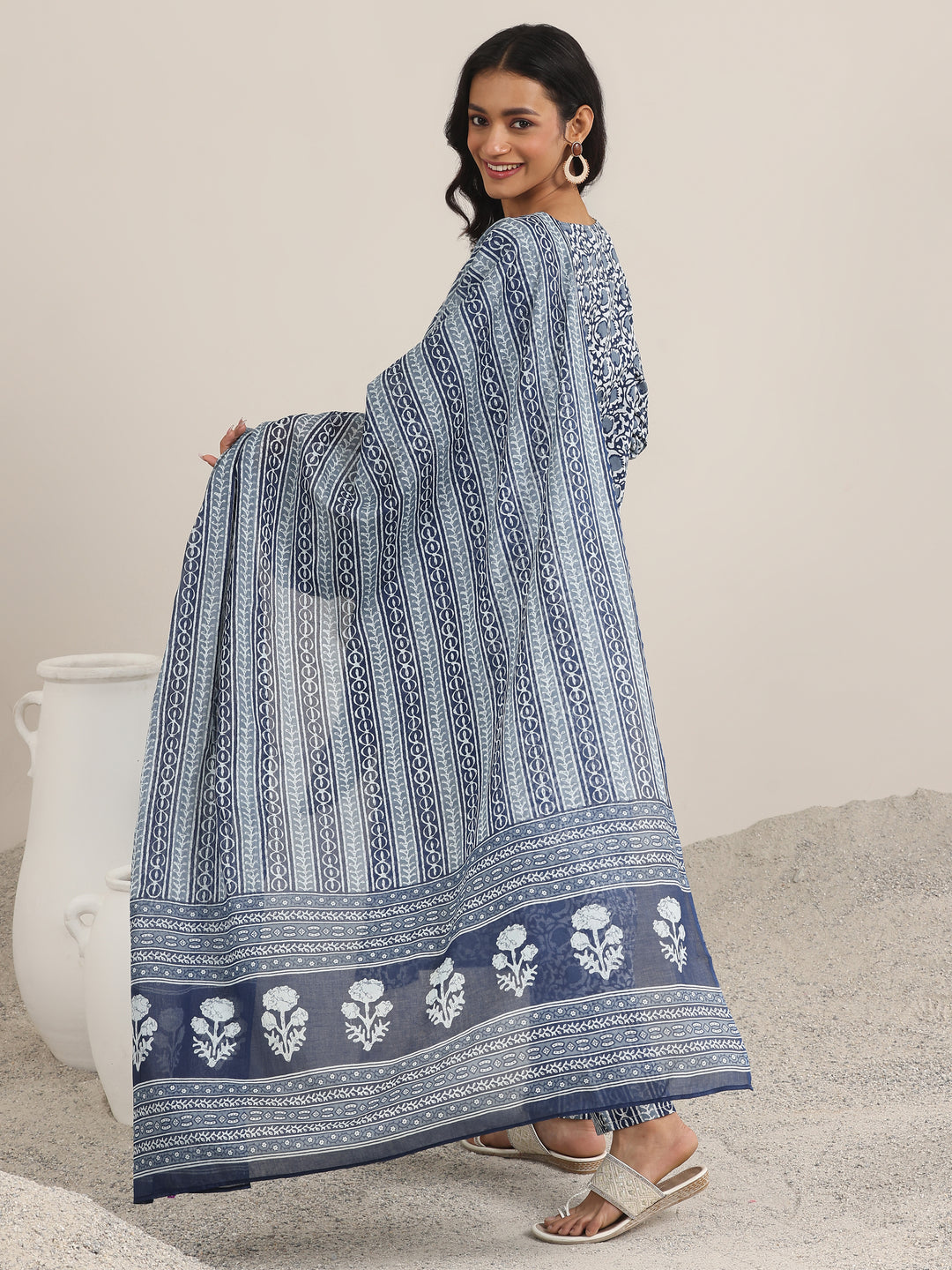 Blue Printed Cotton Straight Suit Set With Dupatta