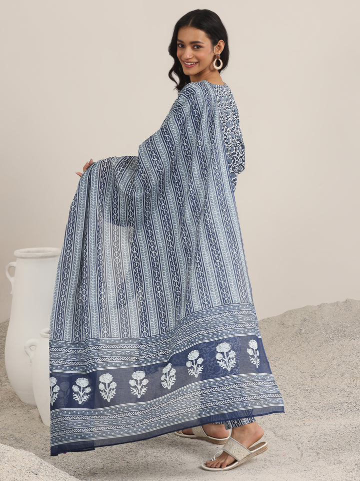 Blue Printed Cotton Straight Suit Set With Dupatta