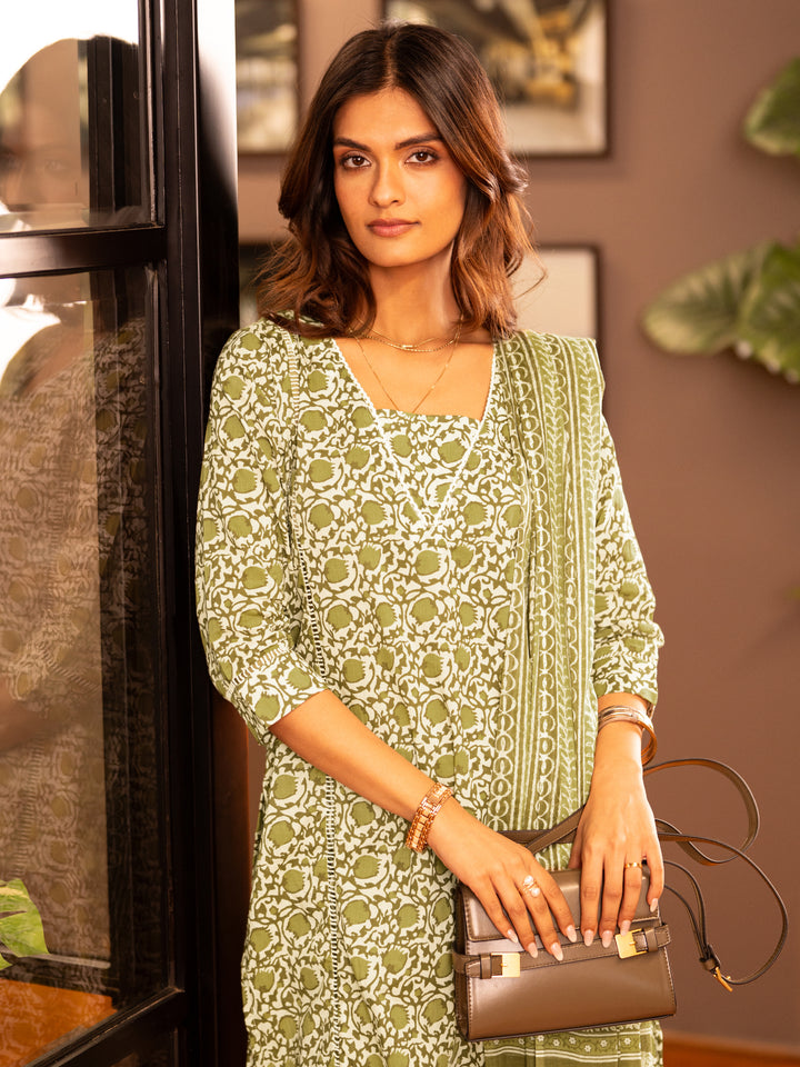 Green Printed Cotton Straight Suits With Dupatta