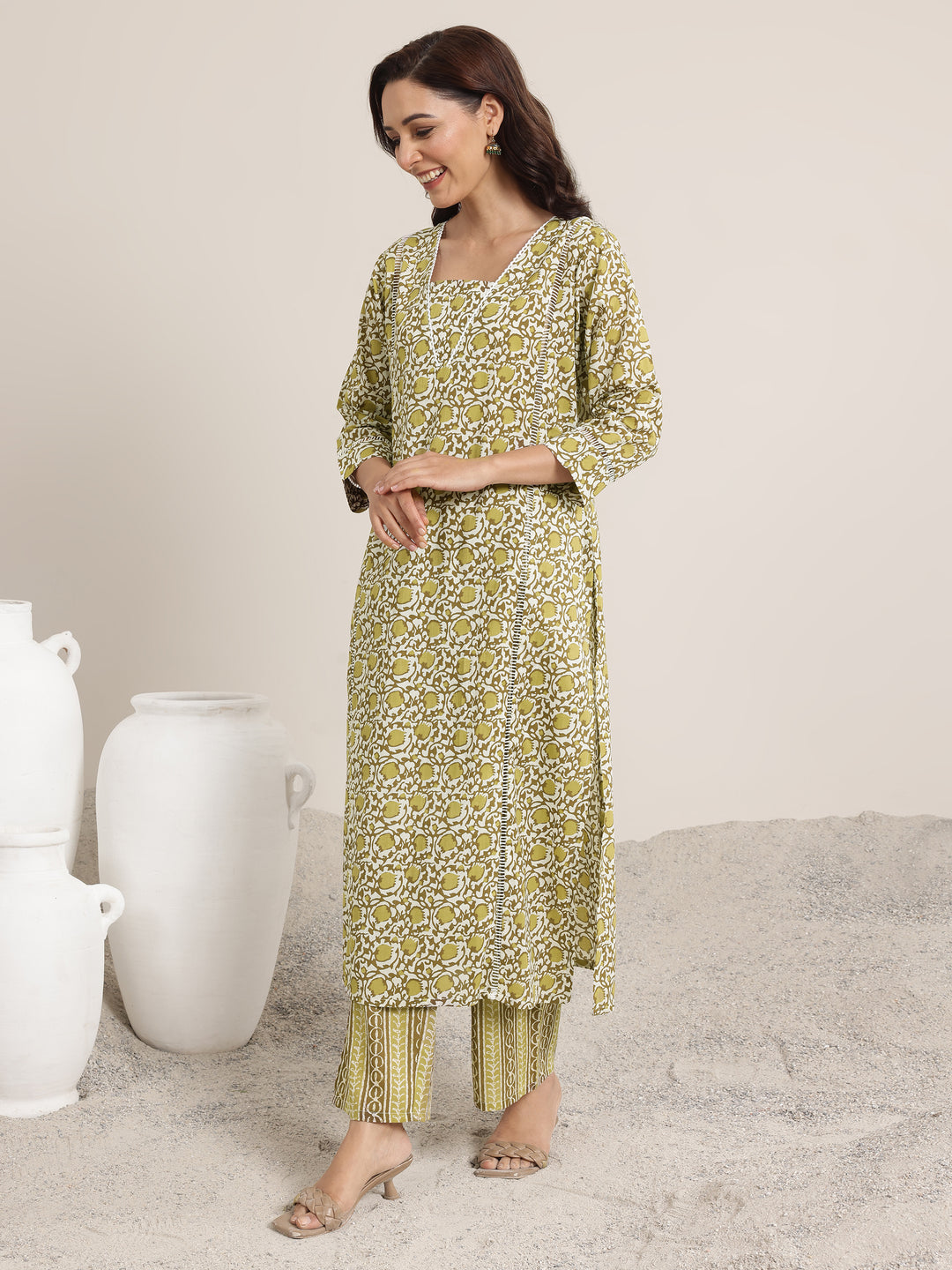 Green Printed Cotton Straight Suits With Dupatta