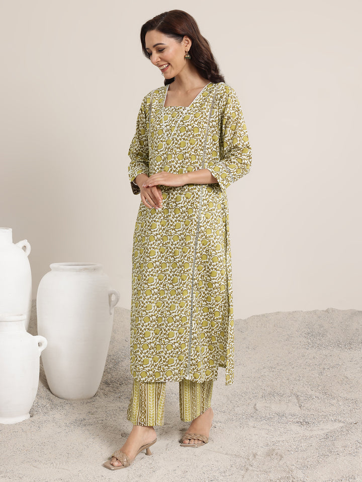 Green Printed Cotton Straight Suits With Dupatta