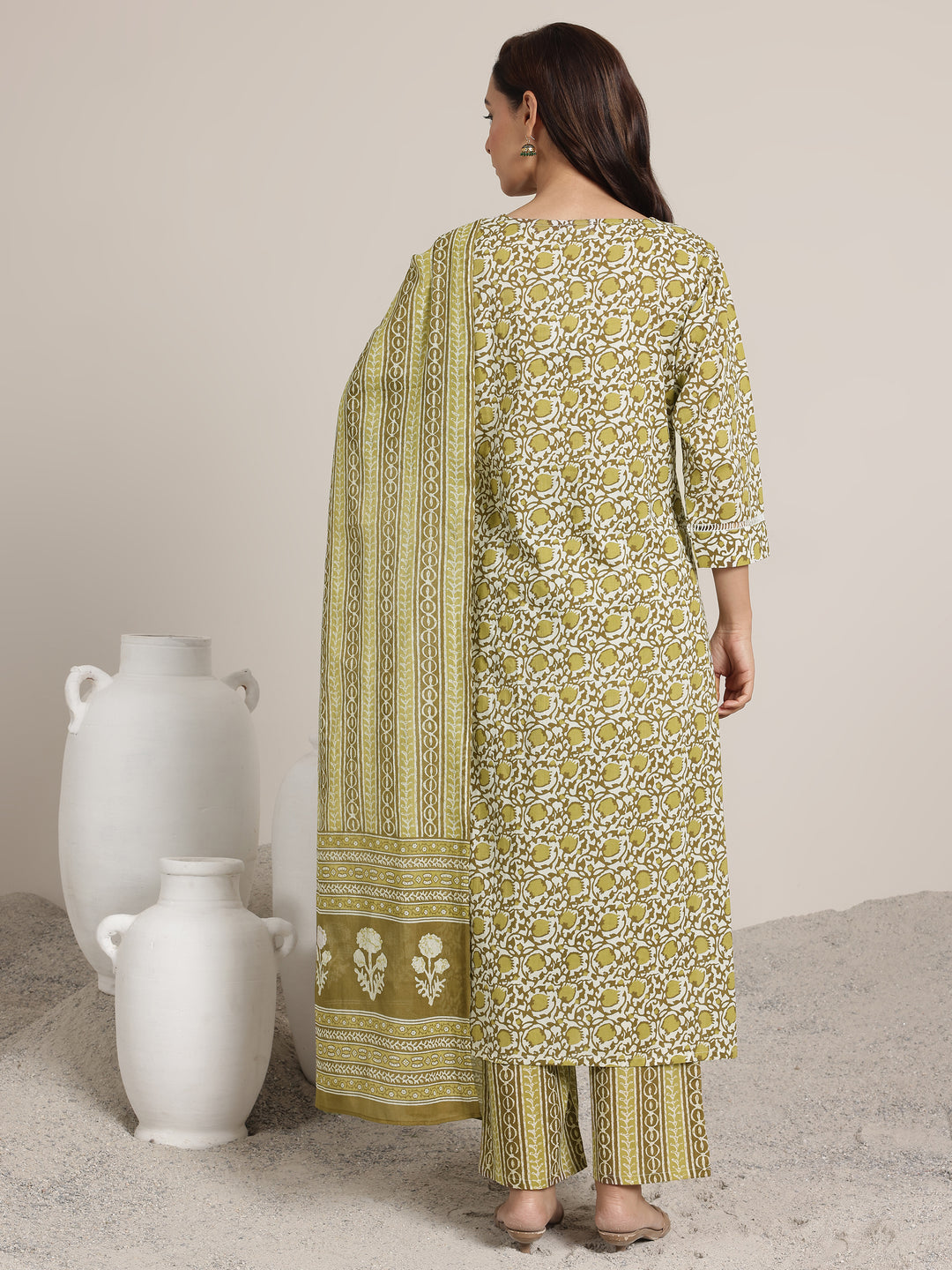Green Printed Cotton Straight Suits With Dupatta