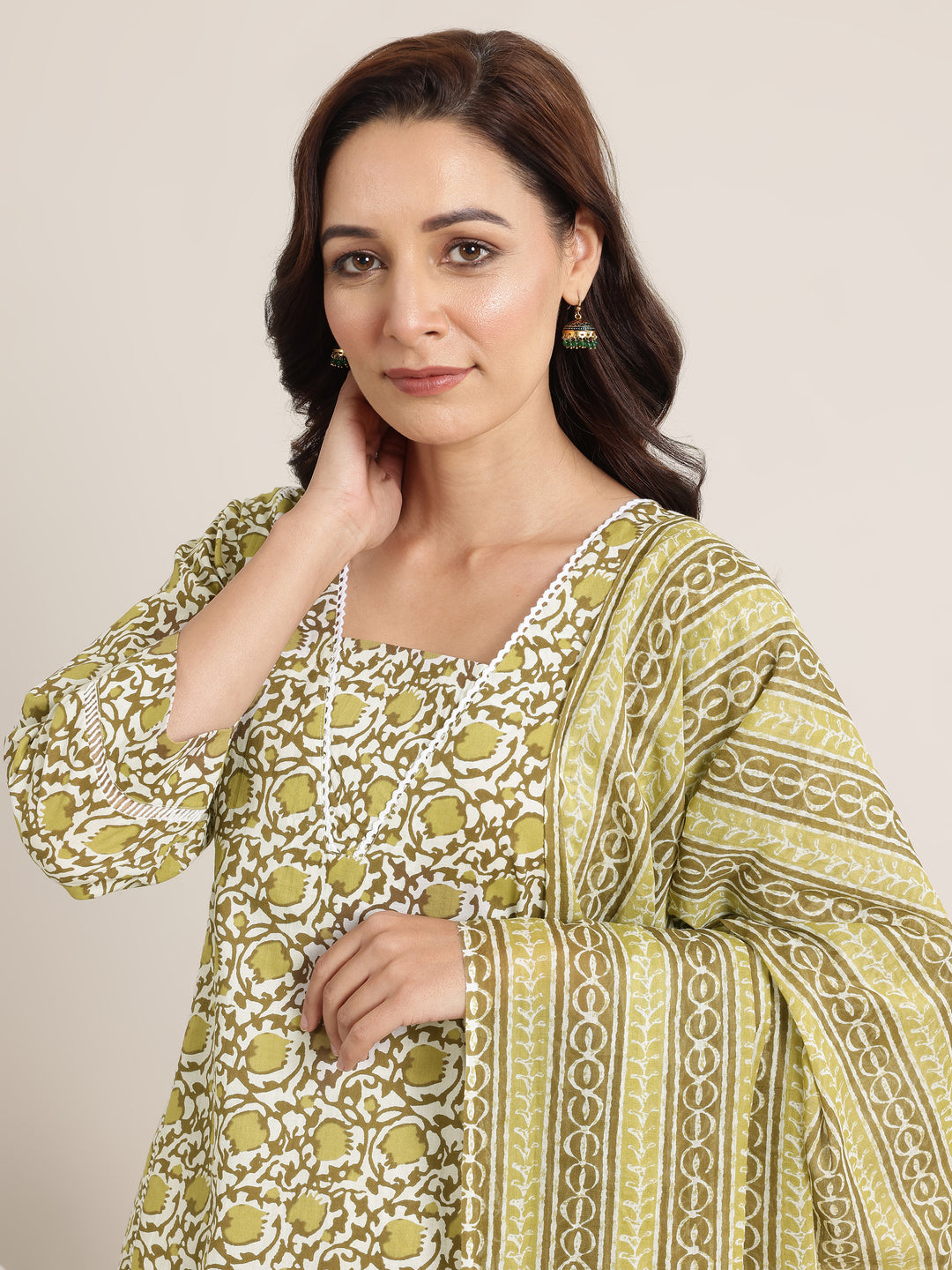 Green Printed Cotton Straight Suits With Dupatta
