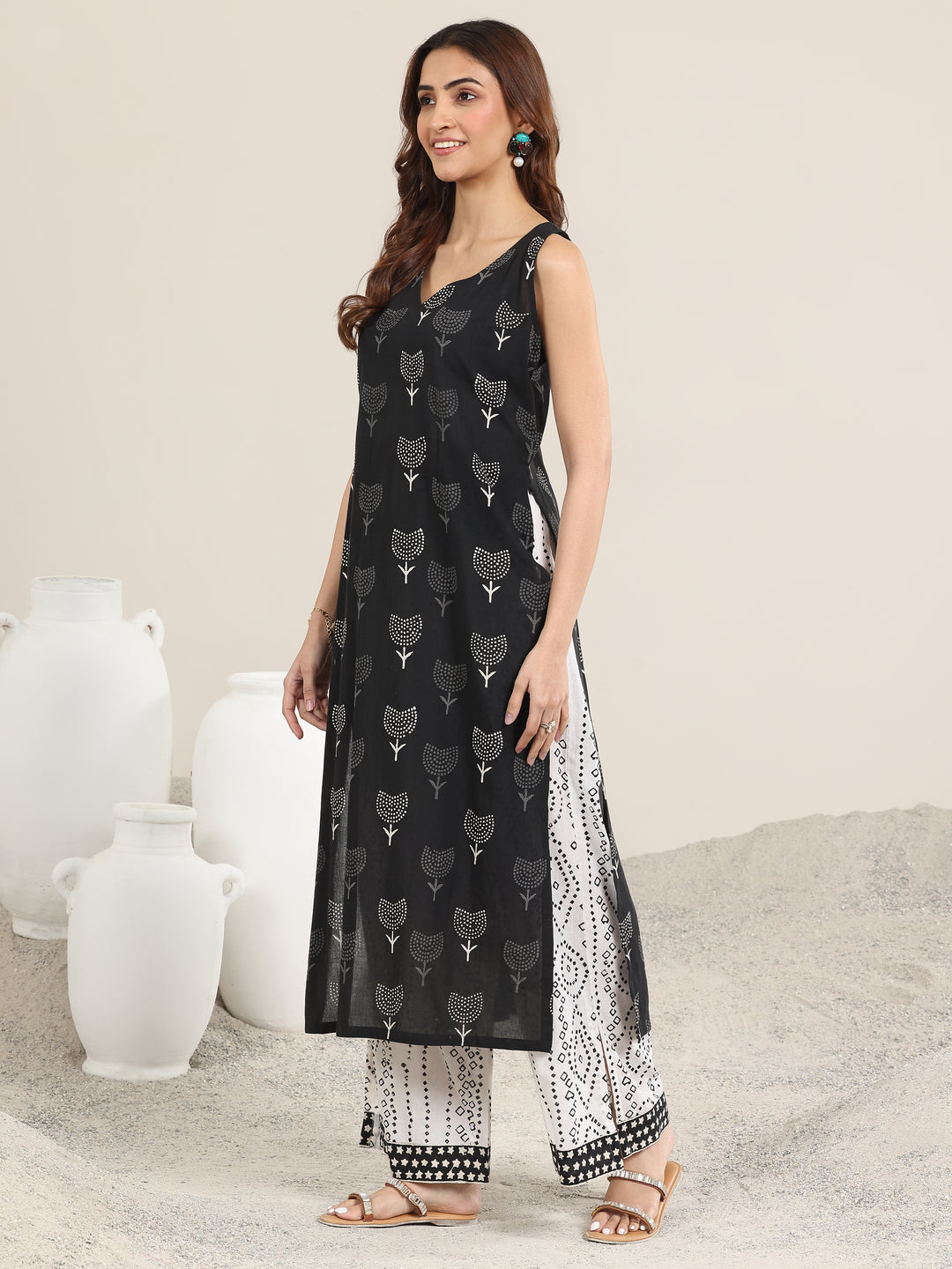 Black Printed Cotton Straight Suit With Dupatta