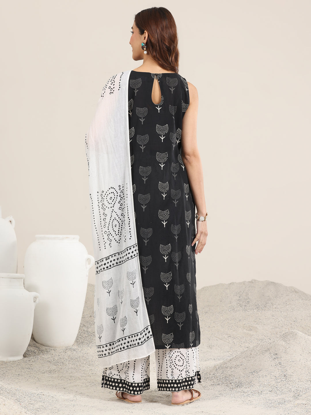 Black Printed Cotton Straight Suit With Dupatta