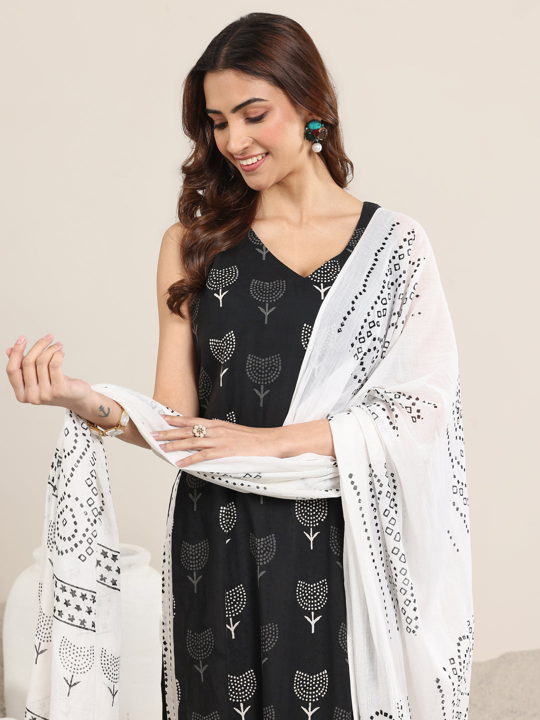 Black Printed Cotton Straight Suit With Dupatta