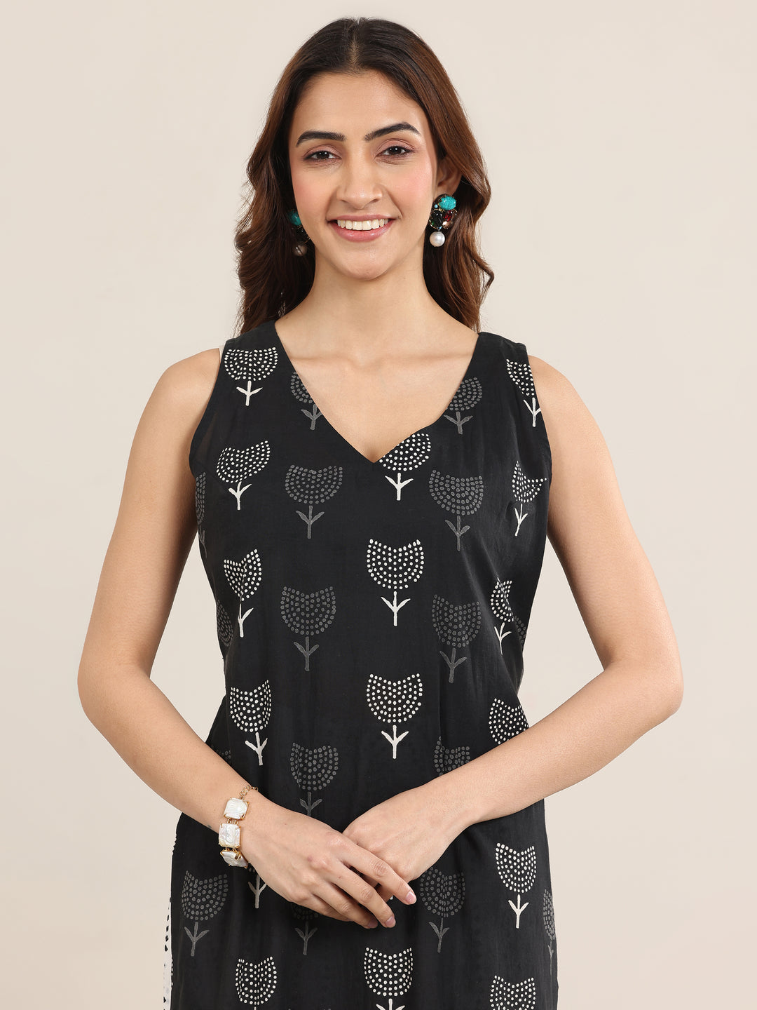 Black Printed Cotton Straight Suit With Dupatta