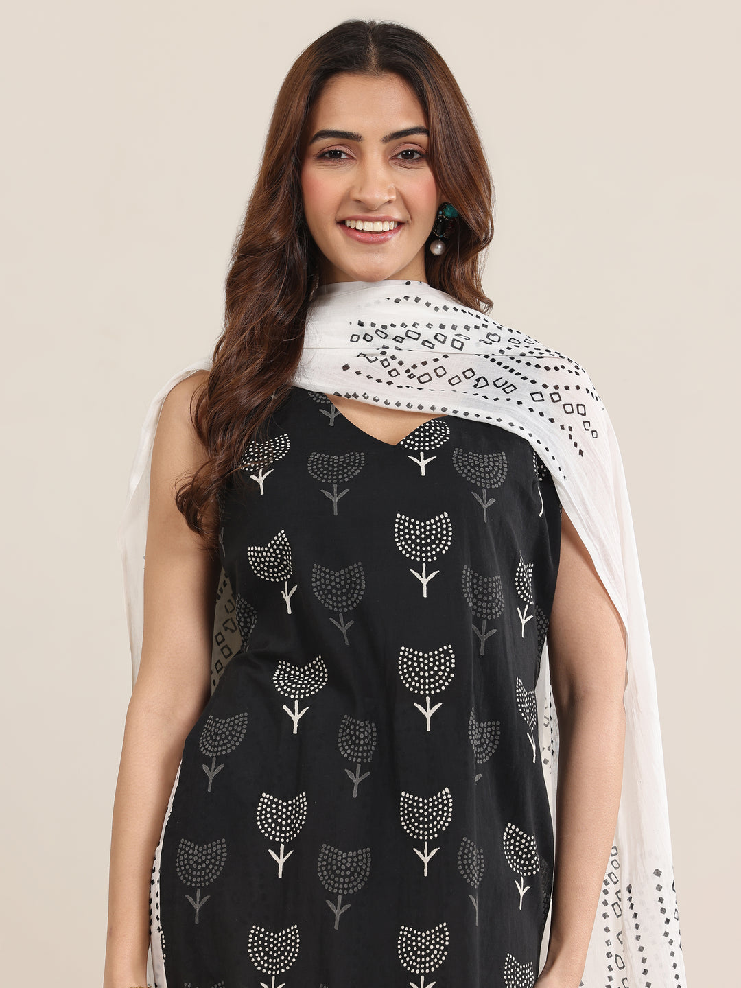 Black Printed Cotton Straight Suit With Dupatta