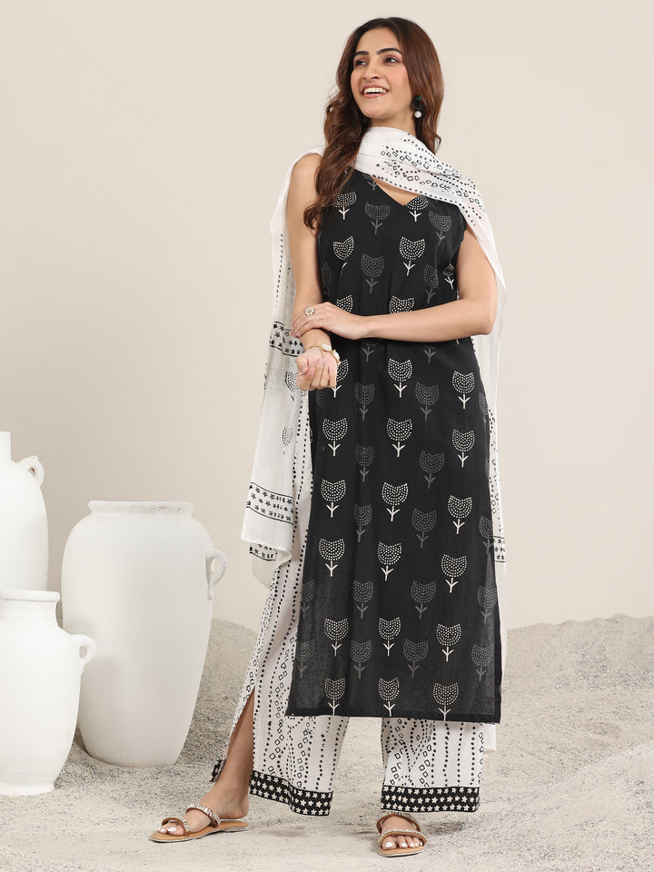 Black Printed Cotton Straight Suit With Dupatta
