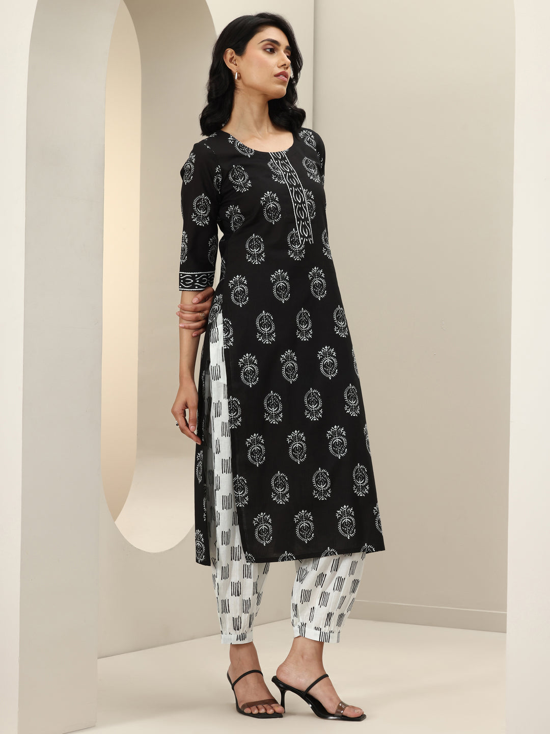 Black Printed Cotton Straight Suit Sets With Dupatta