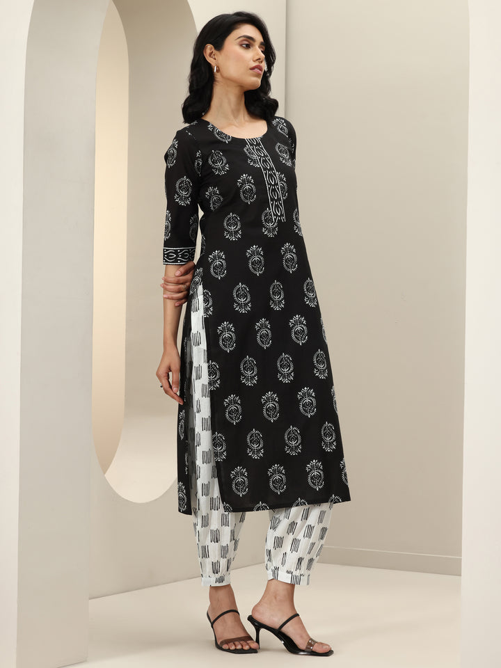 Black Printed Cotton Straight Suit Sets With Dupatta