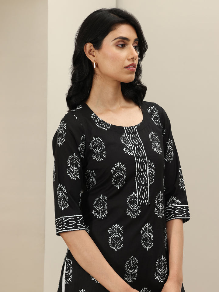 Black Printed Cotton Straight Suit Sets With Dupatta