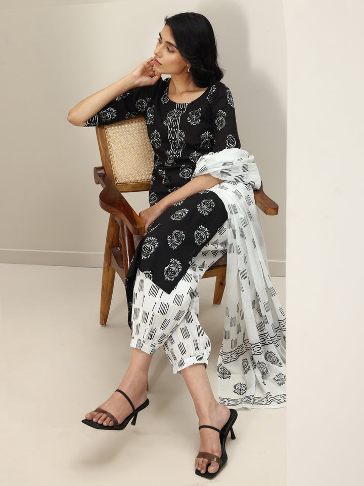 Black Printed Cotton Straight Suit Sets With Dupatta