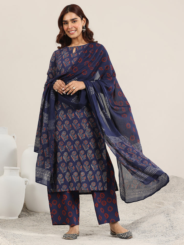Blue Printed Cotton Straight Suit With Dupatta