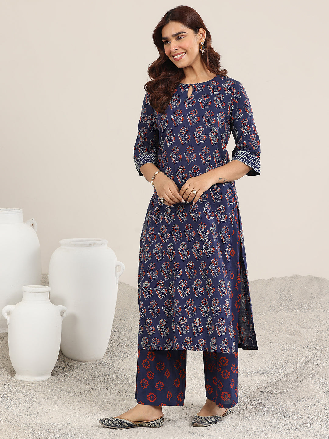 Blue Printed Cotton Straight Suit With Dupatta