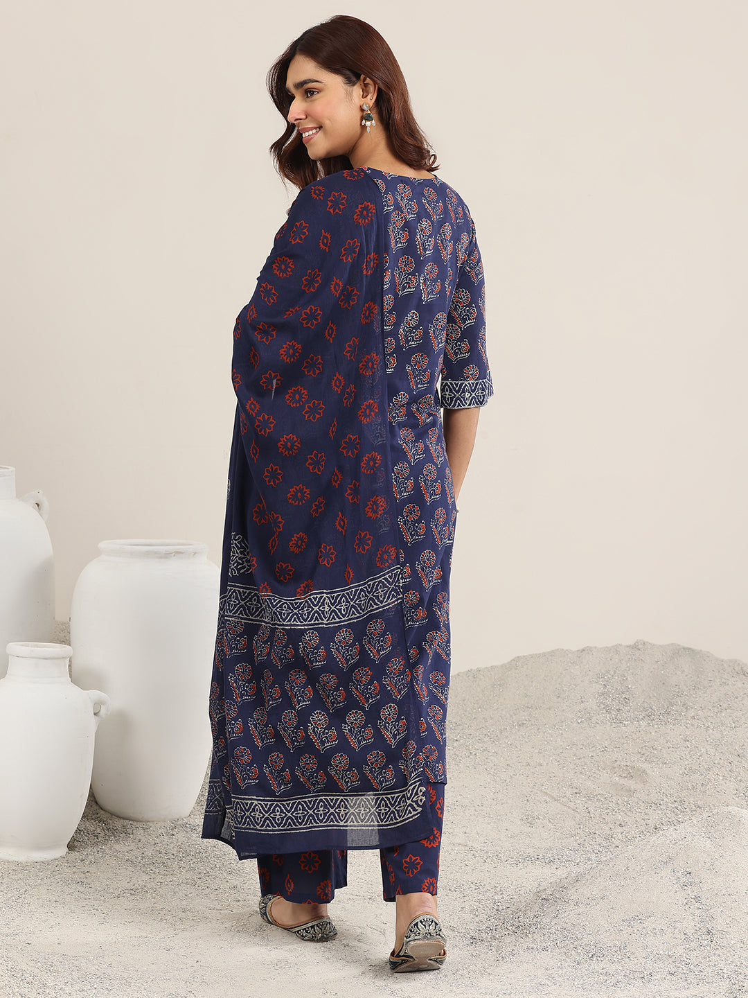 Blue Printed Cotton Straight Suit With Dupatta