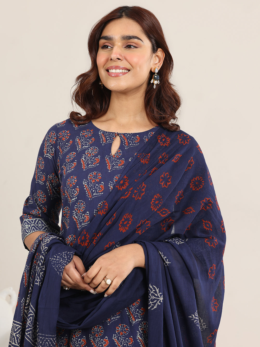Blue Printed Cotton Straight Suit With Dupatta