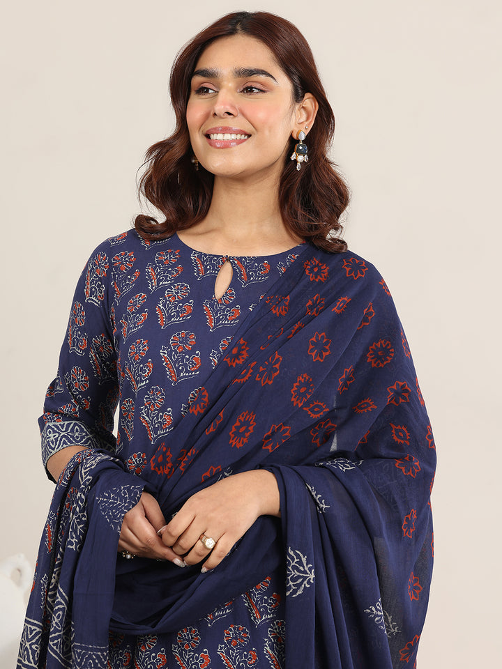 Blue Printed Cotton Straight Suit With Dupatta