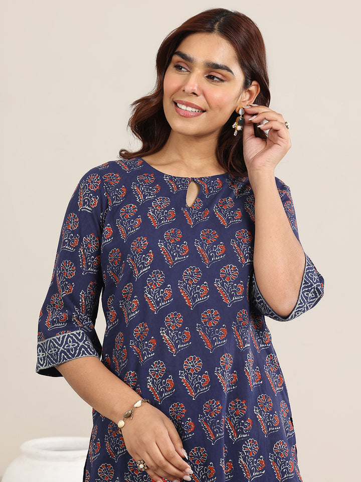 Blue Printed Cotton Straight Suit With Dupatta
