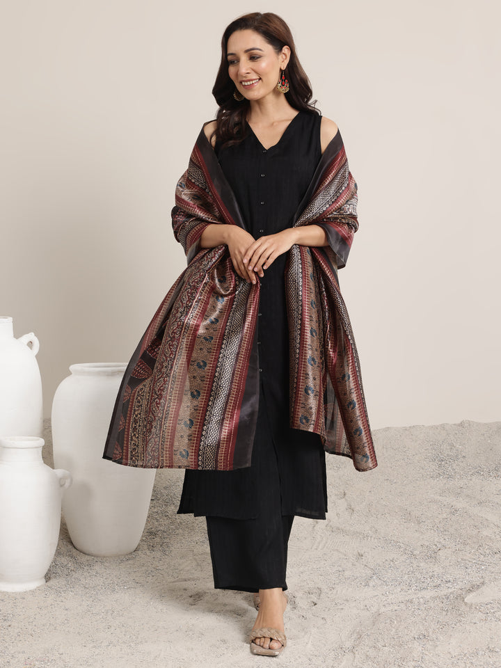 Black Woven Design Silk Blend Straight Suit Set With Dupatta