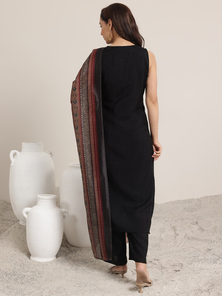 Black Woven Design Silk Blend Straight Suit Set With Dupatta