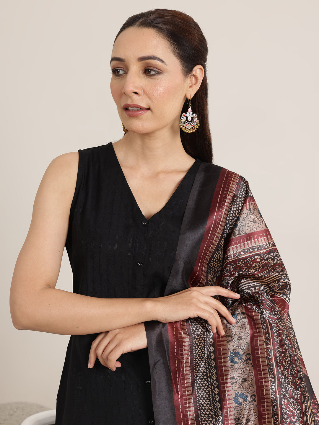 Black Woven Design Silk Blend Straight Suit Set With Dupatta