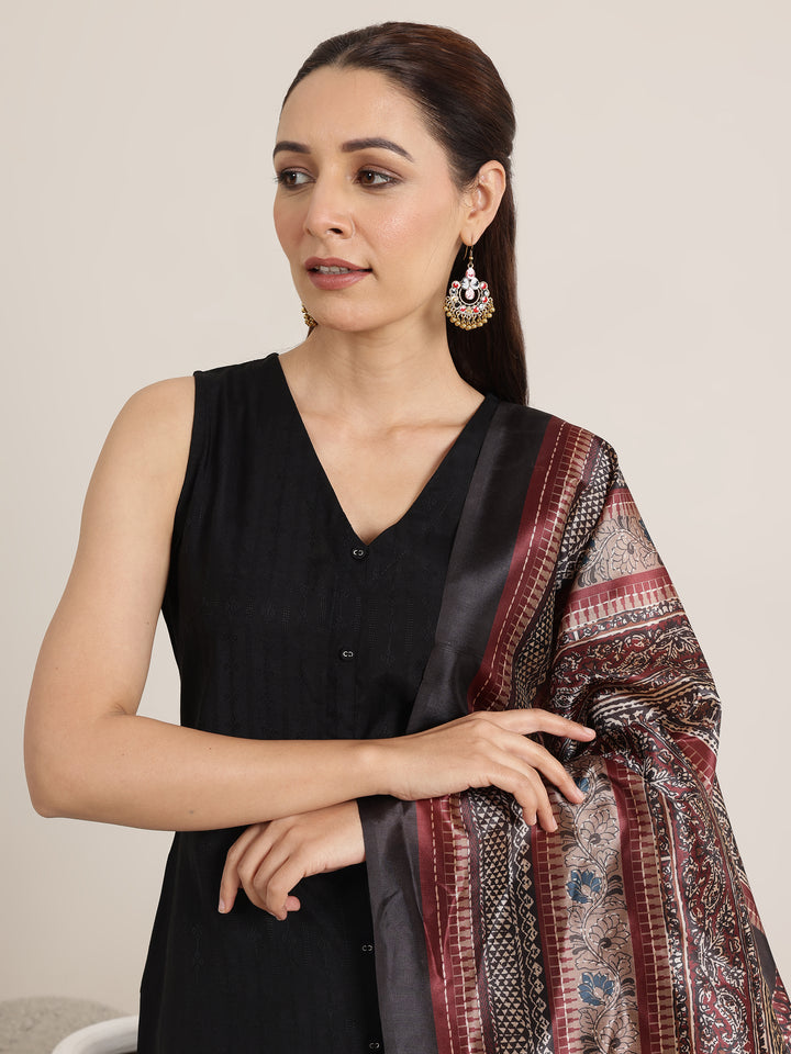 Black Woven Design Silk Blend Straight Suit Set With Dupatta