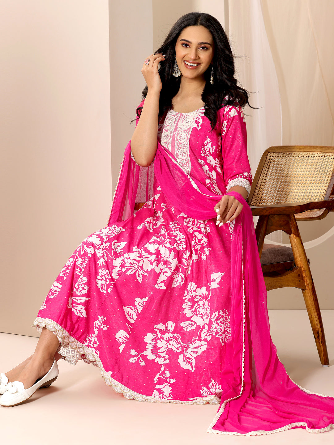 Pink Printed Silk Blend Anarkali Suit Set With Dupatta
