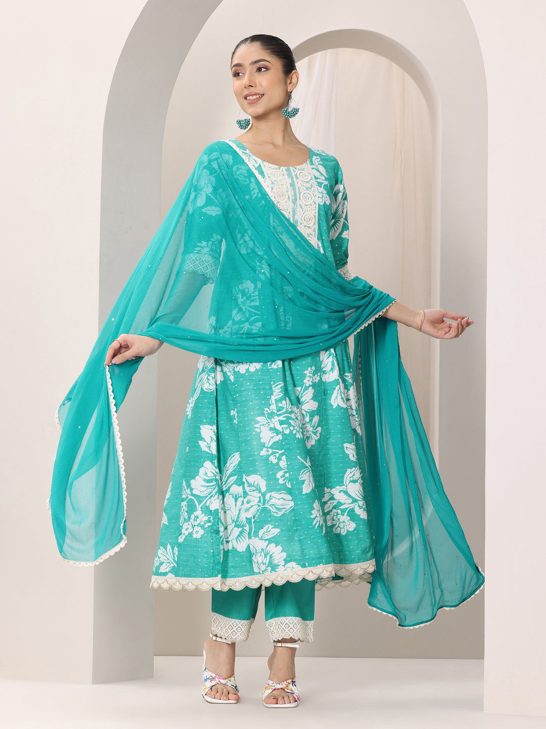 Blue Printed Silk Blend Anarkali Suit Set With Dupatta