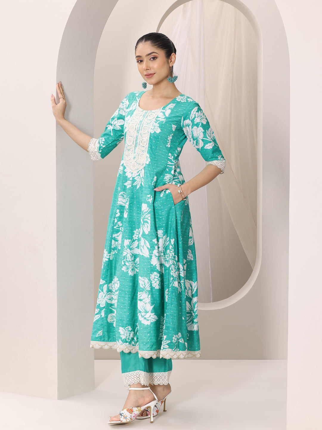 Blue Printed Silk Blend Anarkali Suit Set With Dupatta