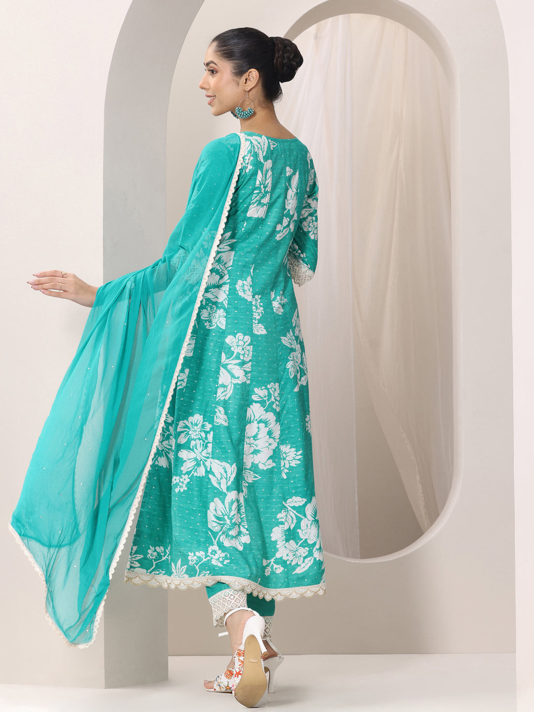 Blue Printed Silk Blend Anarkali Suit Set With Dupatta