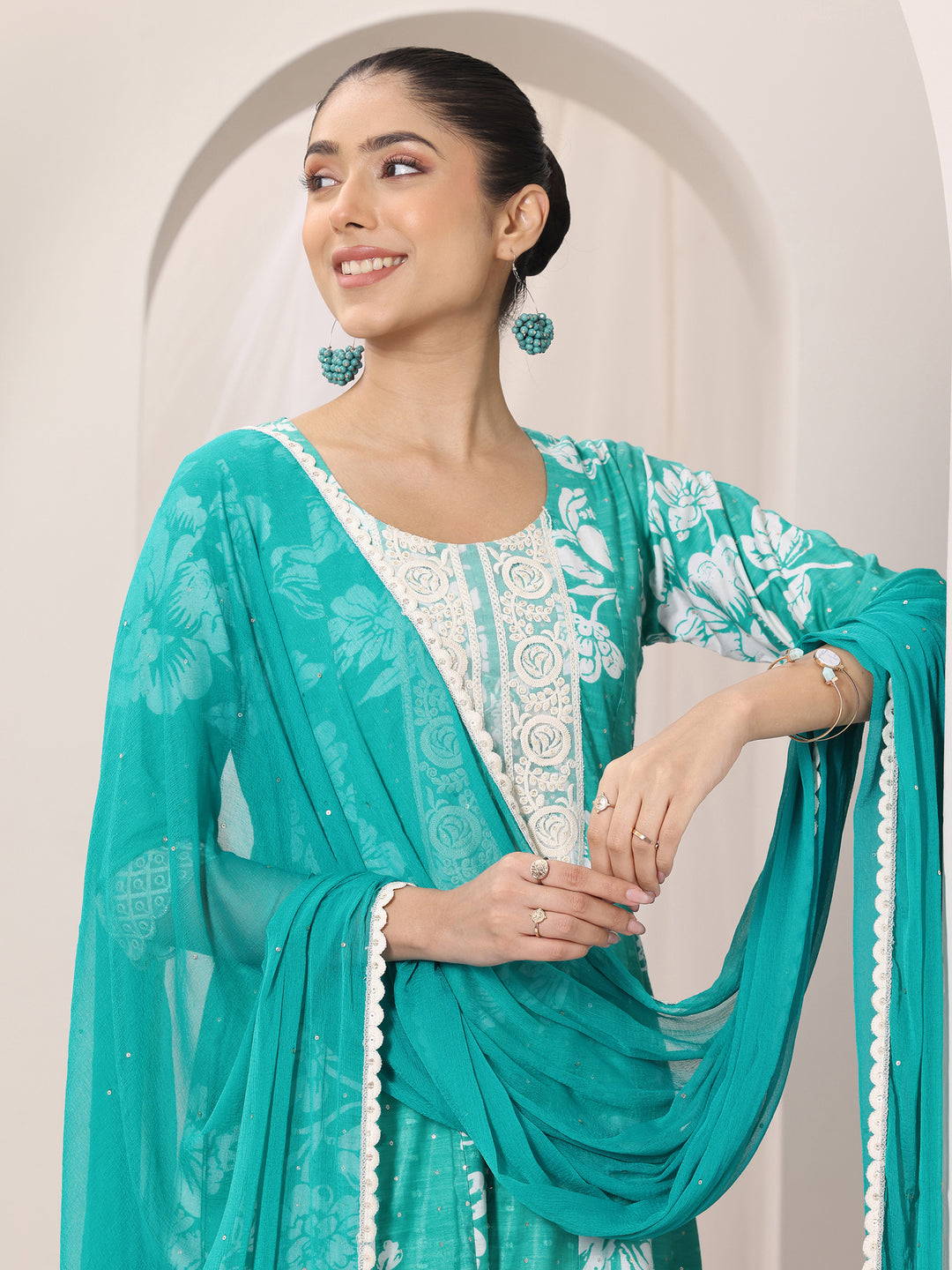 Blue Printed Silk Blend Anarkali Suit Set With Dupatta