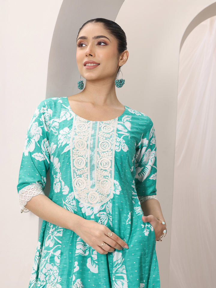 Blue Printed Silk Blend Anarkali Suit Set With Dupatta