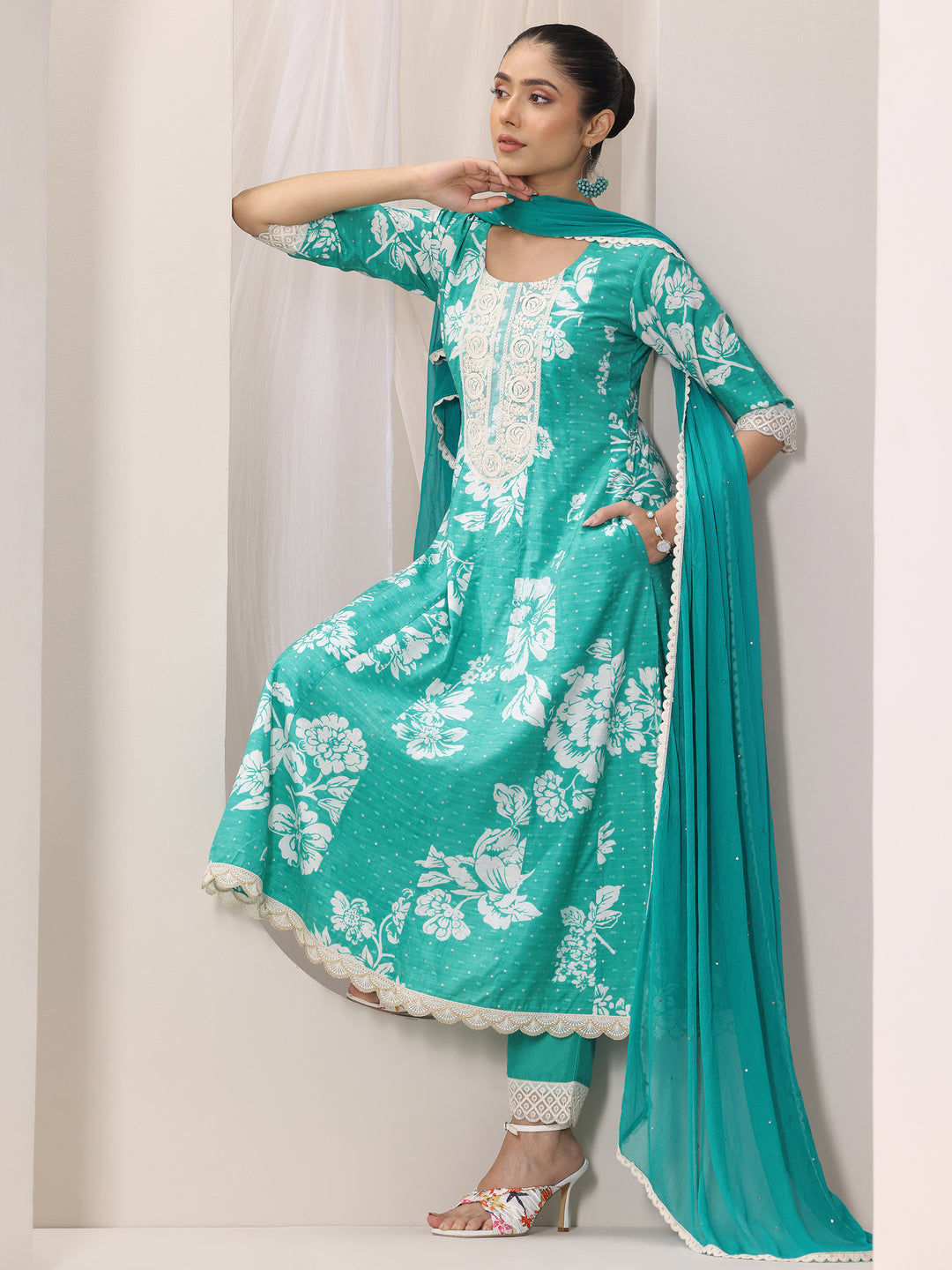 Blue Printed Silk Blend Anarkali Suit Set With Dupatta