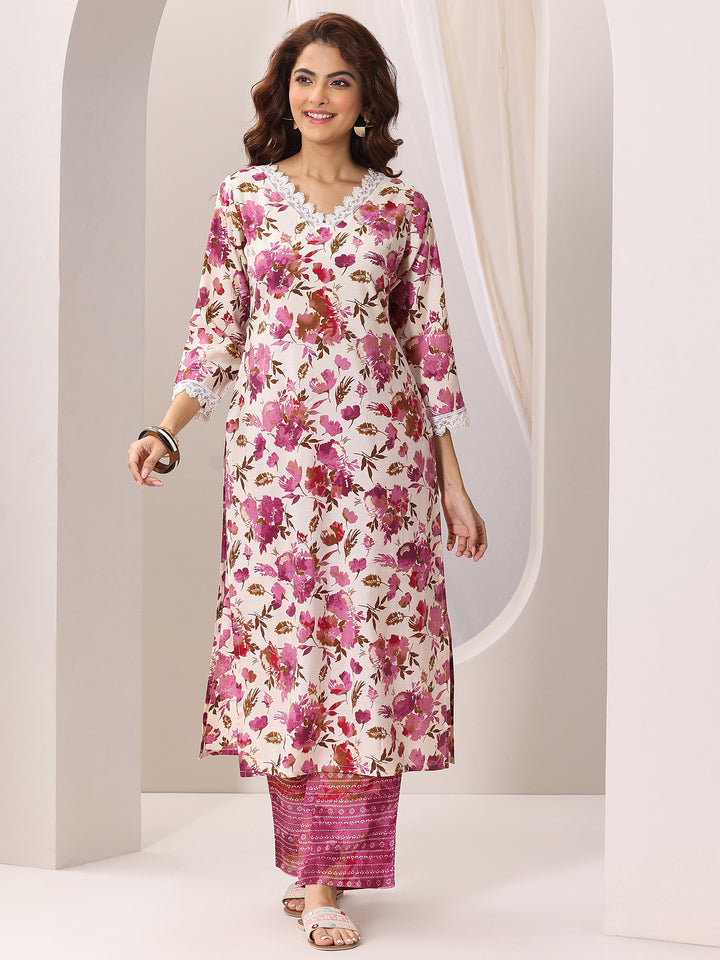 Off White Printed Silk Blend Straight Kurta Set