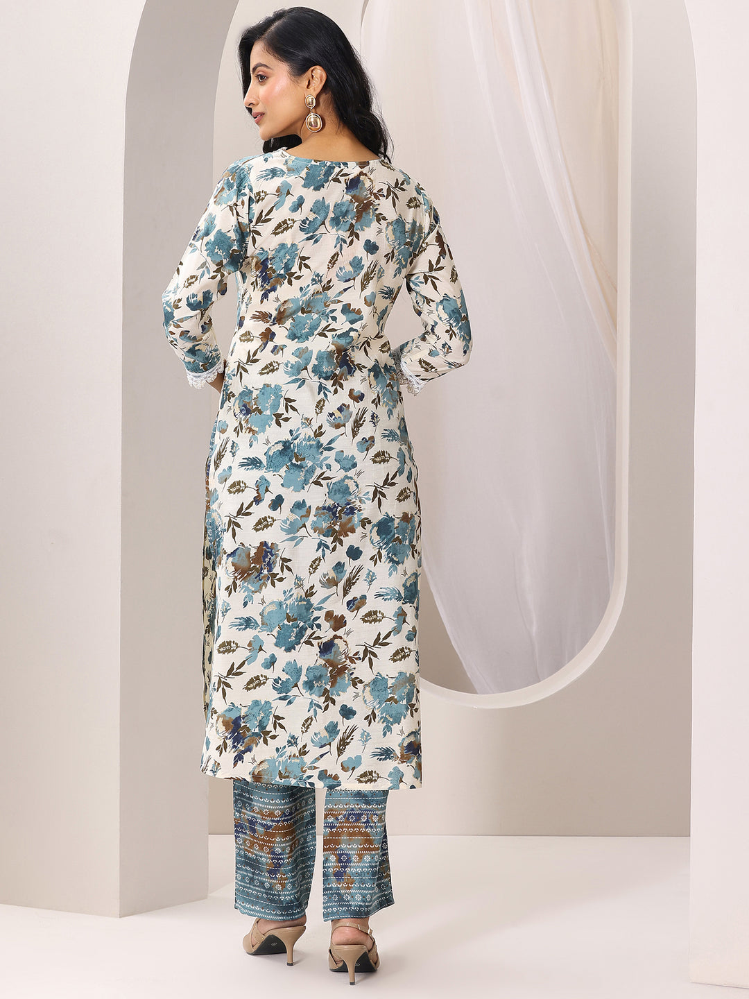 Off White Printed Silk Blend Straight Kurta Set