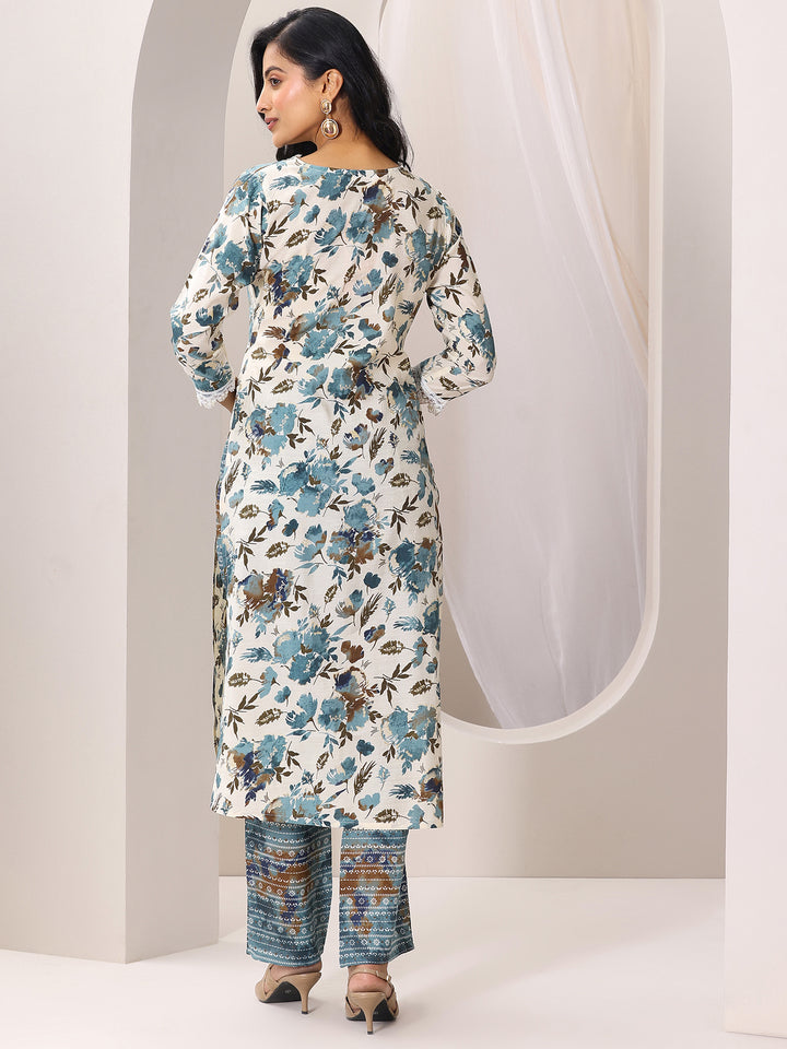 Off White Printed Silk Blend Straight Kurta Set