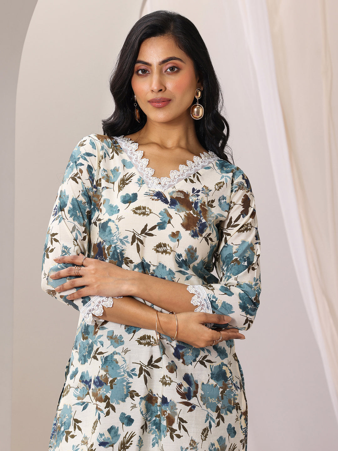 Off White Printed Silk Blend Straight Kurta Set