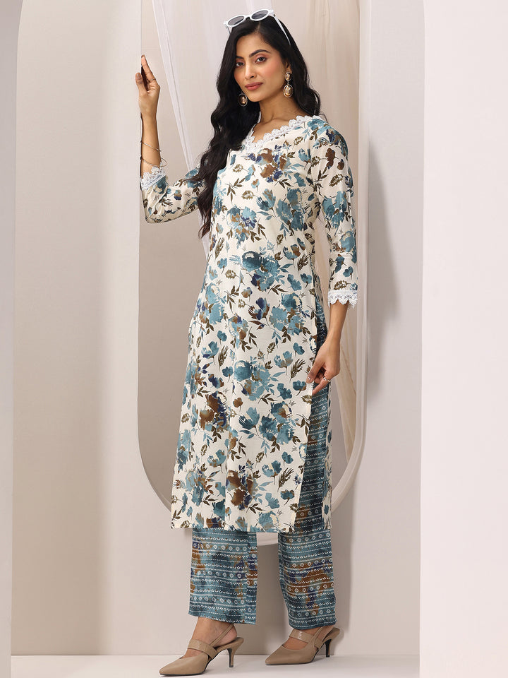 Off White Printed Silk Blend Straight Kurta Set