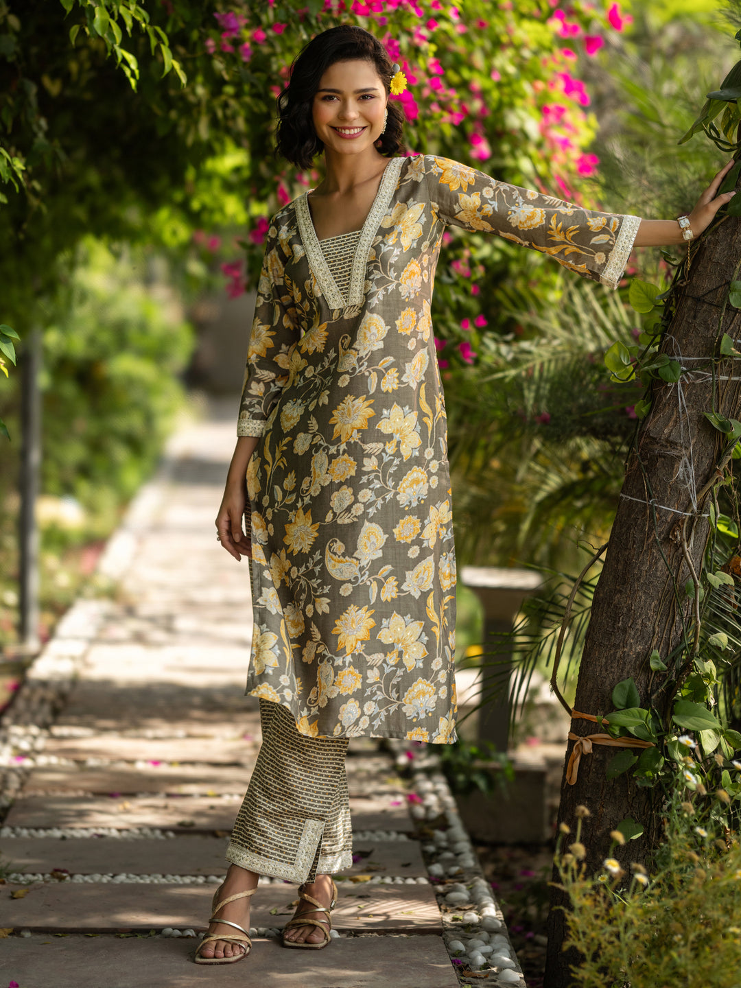 Grey Printed Silk Blend Straight Kurta Set