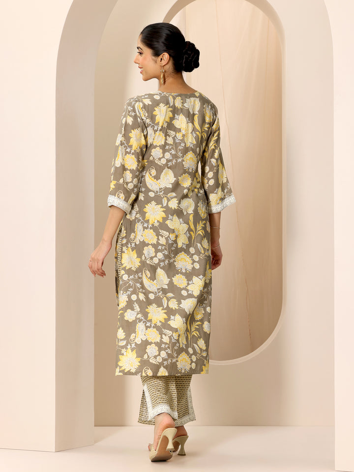 Grey Printed Silk Blend Straight Kurta Set