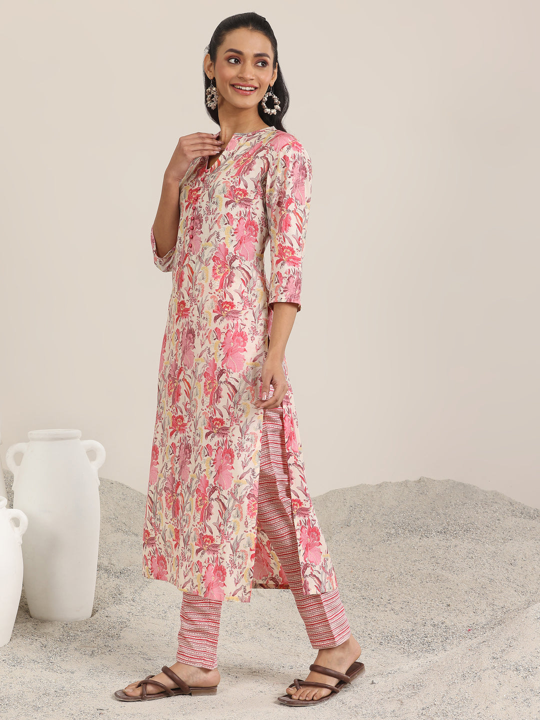 Pink Printed Silk Blend Straight Kurta Set