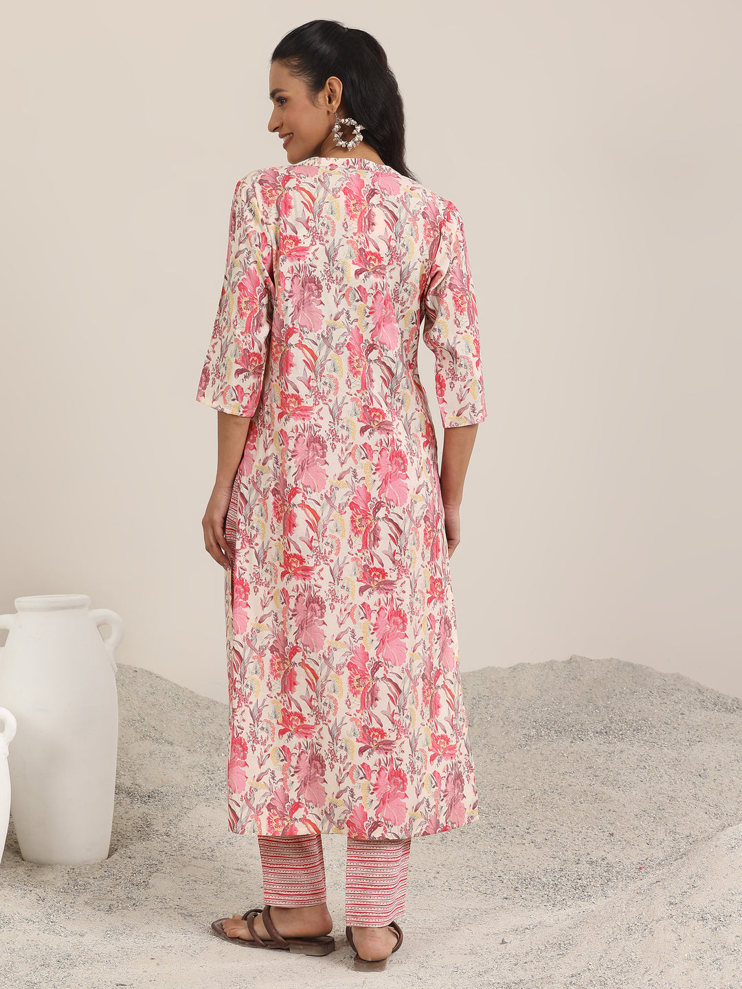 Pink Printed Silk Blend Straight Kurta Set