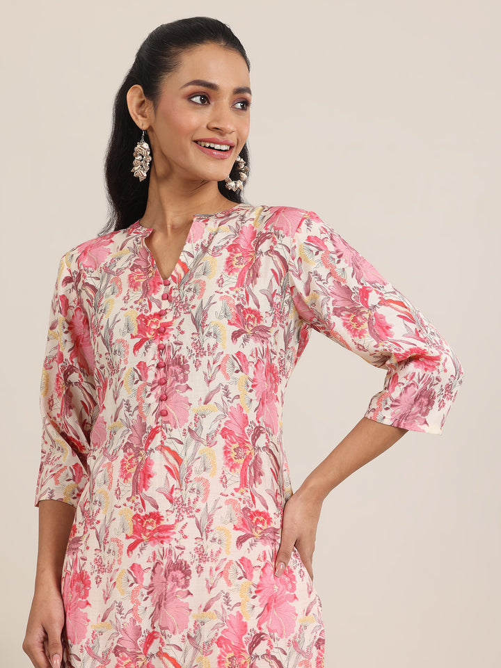 Pink Printed Silk Blend Straight Kurta Set