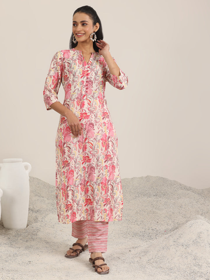 Pink Printed Silk Blend Straight Kurta Set