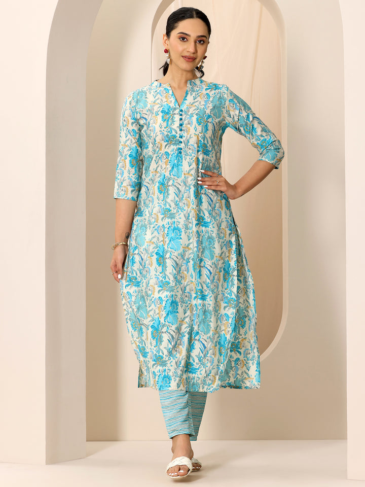 Off White Printed Silk Blend Straight Kurta Set