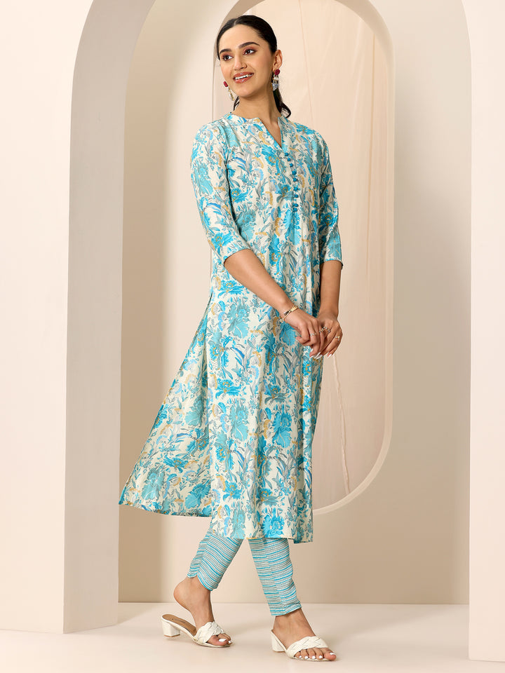 Off White Printed Silk Blend Straight Kurta Set